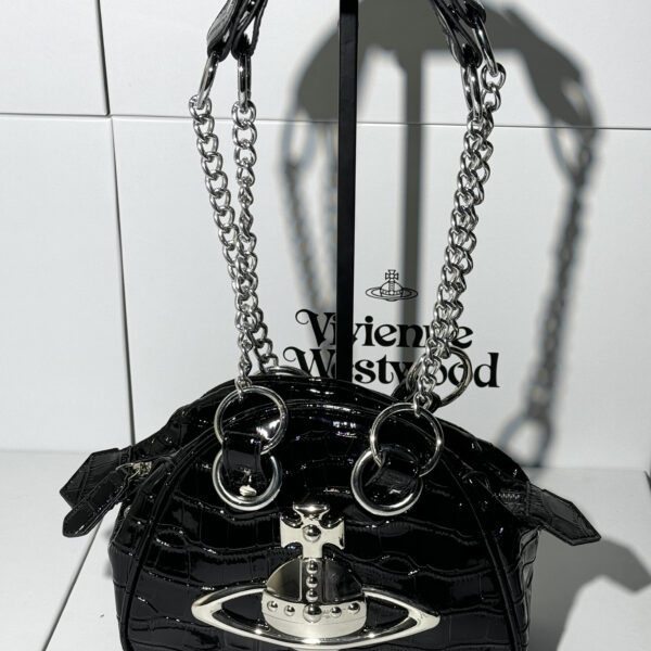 Vivienne Westwood Black Croc-Embossed Chain Bowling Bag