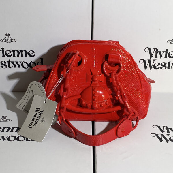 Vivienne Westwood Red Patent Croc Orb Chain Mini Bowling Bag