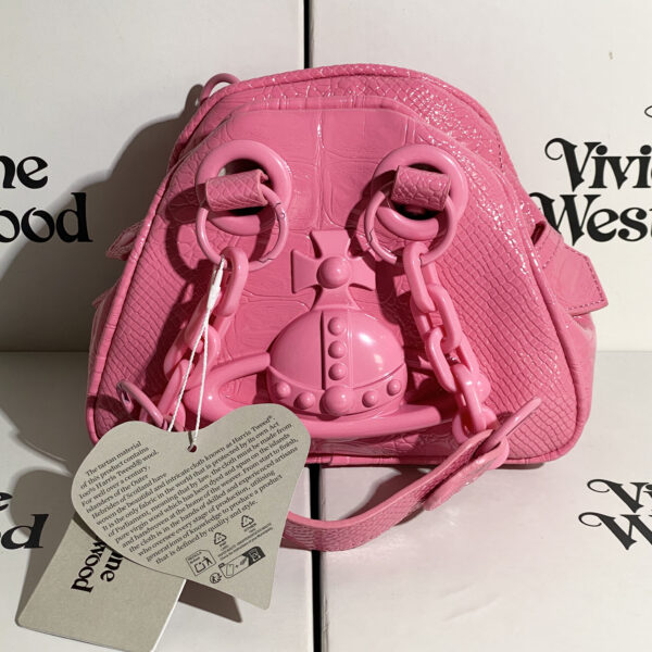 Vivienne Westwood Pink Patent Croc Orb Chain Mini Bowling Bag