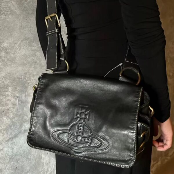 Vivienne Westwood Black Leather Embossed Orb Messenger Bag